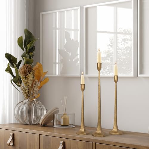 Iron Taper Candle Holder Set of 3 - Decorative Tall Candle Stand, Candlestick Holder for Wedding, Dining Table, Party Decoration (Antique Brass) - color: Antique Brass