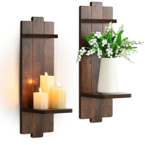 Large Candle Sconces for Farmhouse - 19.7 Inch Wood Candle Holder Wall Decor Set of 2 - Rustic Wall-Mounted Floating Shelf for Fireplace Mantel Bedroom Living Room - color: Brown, size: 19.7in x 6.3in