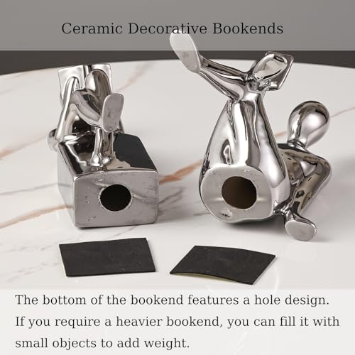 Ceramic Decorative Bookends, Book Ends for Shelves, Home Office Decor Aesthetic Statues Book Holders Stoppers for Bookshelf, Table, Bedroom Living Room Decoration (Silver) - color: Silver