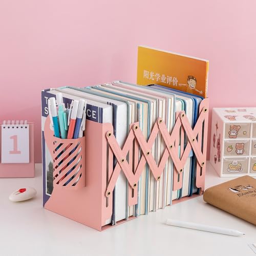 Adjustable Book Ends for Heavy Books, Metal Expandable Bookends for Shelves, Book Organizer Stopper Holder for Desk, Kids Room, Classroom, Office, Library (Pink) - color: Pink