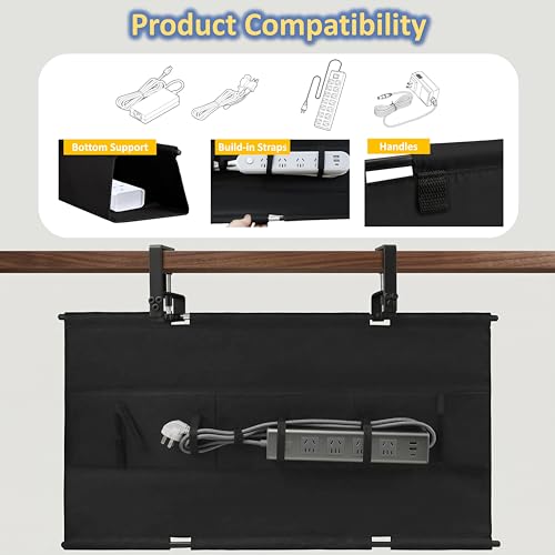 36" Under Desk Cable Management Tray - No Drill Oxford Cloth Cord Organizer with Clamp & Screw Mount - Large Capacity Fabric Cable Holder for Home Office, Gaming Desk & Standing Desk (Black)