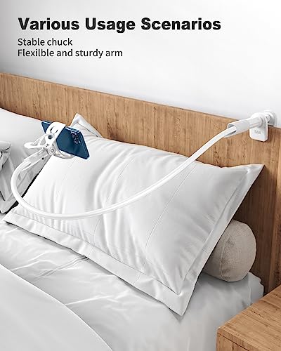 SAIJI Gooseneck Cell Phone Holder, Clamp Universal Lazy Mount Clip Hands Free Flexible Long Arm Bracket Grip for 4-7 Phones Mobile Stand Baby Monitor for Desk, Bed, Office, Kitchen (White) - color: White, size: 33.5 in