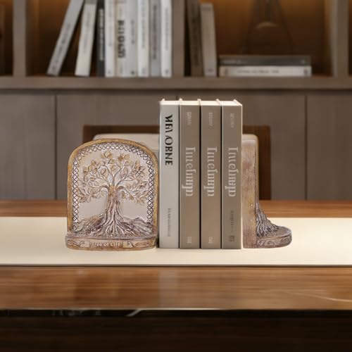 Tree of Life Bookends, Wood Color 2 Non-Skid Heavy Decorative Bookends for Shelves Or Bookcase, Elegant Bookends for Library Office Decor, Home Décor Gift - color: Wood Color