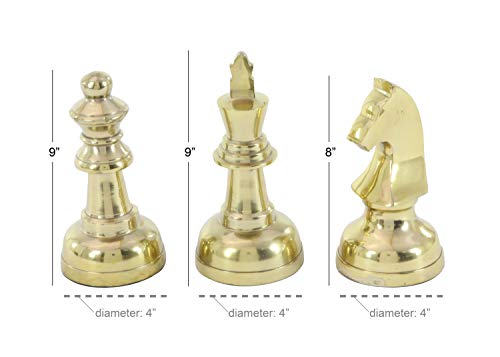 Deco 79 Aluminum Metal Chess Decorative Sculpture Home Decor Statues with Knight, Queen and King, Set of 3 Accent Figurines 4"W, 9"H, Gold - color: Gold, size: 4" x 9"