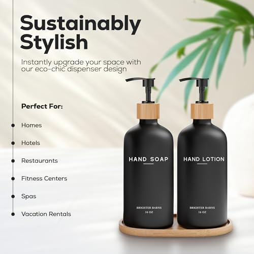 Black Glass Soap and Lotion Dispenser Set with Tray by Brighter Barns - Liquid Hand Soap Dispenser and Pump - Bamboo Bathroom Accessories & Modern Bathroom Decor (Black) - color: Black Sl