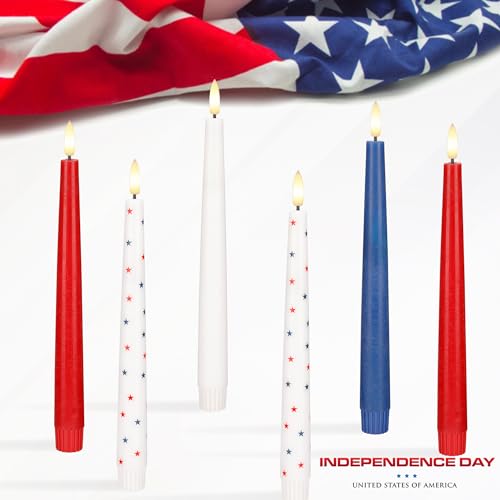 4th of July Candles, Flameless Taper Candles with Remote, 9.6" Red White and Blue Star Candles, Real Wax Flickering Independence Flameless Candles, Patriotic Candles, Battery Candles, Set of 3 - color: Patriotic White