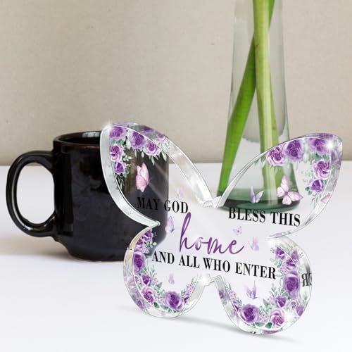 May God Bless This Home" Butterfly Acrylic Sign - Purple Scripture Decor for Entryway/Table, Christian Home Blessing, Family Prayer Gift & Welcome Decor 4.7 x 3.2 Inch - color: Purple 43