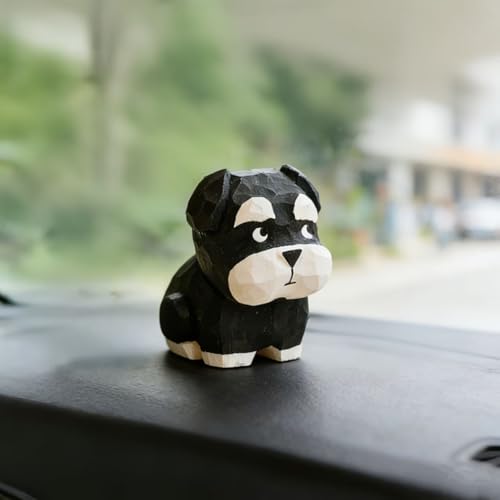 Hand-Carved Wooden Black & Silver Schnauzer Figurine – Mini Cute Dog Statue with Round Wooden Base for Desk & Home Decor, Car Dashboard Decoration, Unique Handmade Gift for Dog Lovers - color: Black and Silver Schnauzer