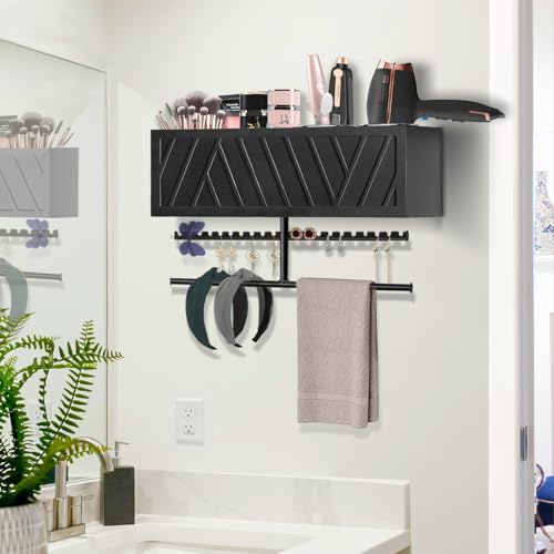 Rustic Hair Dryer Holder Wall Mounted,Hair Styling Tools & Accessories Organizer,Bathroom Supplies & hot Tools vanities Organizer Caddy,for Storage Flat Iron,Blow Dryer,Curling Iron,Towel - color: Black.A