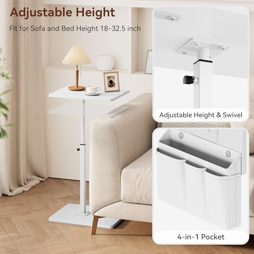 Vagusicc Sofa Armrest Tray Table for Couch - 360° Swivel Height Adjustable Side Table for Small Spaces, Snack Side Table for Bed or Chair, C Shaped End Table Snack Table for Eating Dinner Laptop - color: White, style: With Plug+Storage Bag