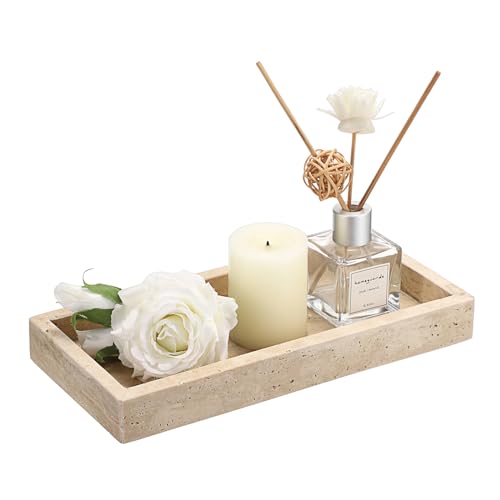 Hipiwe Natural Travertine Tray Vanity Decorative Tray Rectangular Perfume Trays Bathroom Countertop Storage Catchall Trays for Vanity Jewelry Trinket Candles Organizer, 9.8"x4.7"x1.2" - color: Beige, size: 9.8" x 4.7" x 1.2"