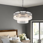 Black Modern Chandelier, 2-Tier Crystal Glass, 8-Light Round Dining Room Chandelier, Contemporary Pendant Ceiling Light for Bedroom Foyer Entryway, 23.6'' - size: Small Black (23.6" x 70")