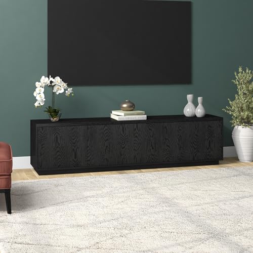 Henn&Hart Fluted TV Stand for TVs up to 85" with 2 Concealed Ribbed Storage Cabinets and Adjustable Shelves for Living Room, Family Room, or Office, Natural Black - color: Natural Black, size: 79" TV Stand