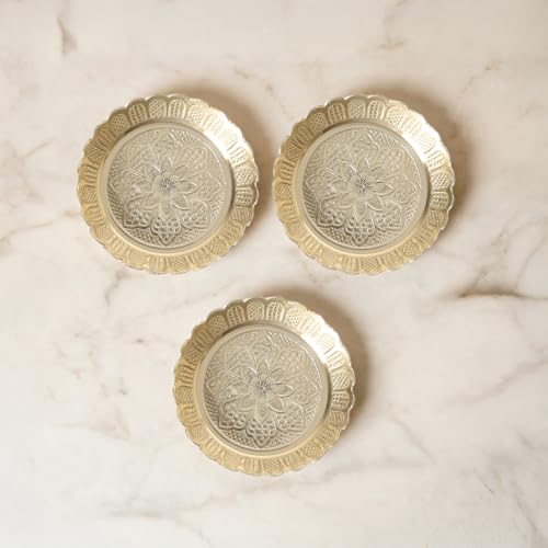 Shubhkart Solid Brass Decorative Nakshi Plate Set for Puja, Decoration & Diwali Gifting (Medium 9.5 cm, Pack of 3, Solid Brass) - size: Medium (Pack of 3)