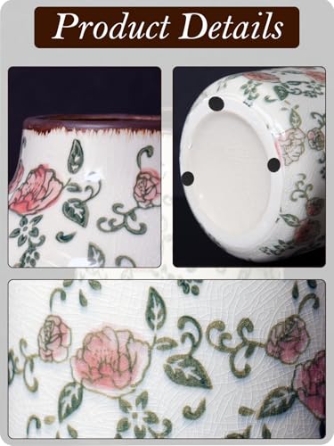 Vintage Ceramic Vase - 7.8 Inch Hand-Painted Roses with Ice Crackle Glaze Finish, American Farmhouse Style Pitcher Vase for Home Decor, Centerpiece, Shelf, Table, Office, Rustic Wedding Gift - color: Beige and Red-002
