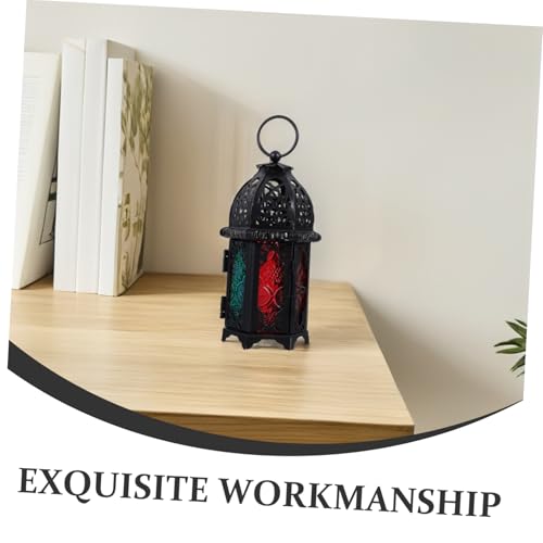Vintage Iron and Glass Candle Lantern Colorful Decorative Holder for Events Parties and Weddings Black Frame for Indoor and Outdoor Decor - size: 16.00X6.00X6.00CM