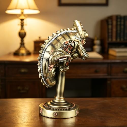GENUINQ Steampunk Lizard Chameleon Statue Hand Painted Sculpture Resin Cyborg Sci-fi Collectible Figurine with Cool Gear for Home Table Book Shelf Man Cave Decor Gold