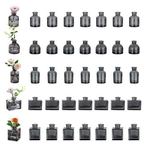 Glasseam Bud Flower Vases in Bulk: 40 Glass Cute Small Vases for Centerpieces Vintage Mini Wedding Birthday Party Table Centerpieces Tiny Baby Shower Dining Room Decoration Black Grey - color: Black Grey