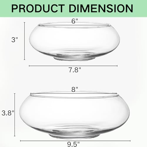 ZENFUN 2 Pack Glass Vase Bowl, 6"/ 8" Wide Mouth Flower Vase Round Terrarium, Glass Hydroponic Planter Floral Container Clear Fish Bowl for Table Centerpiece, Wedding Event, Home Decoration