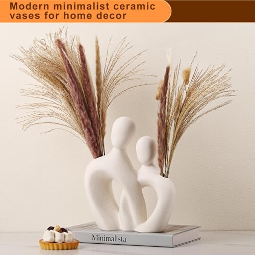 White Ceramic Vase,Rustic Vase Decor, Decorative Modern Flower Vase for Home Decor Farmhouse, Table, Shelf, Office,Centerpieces, Entryway, Pampas Grass