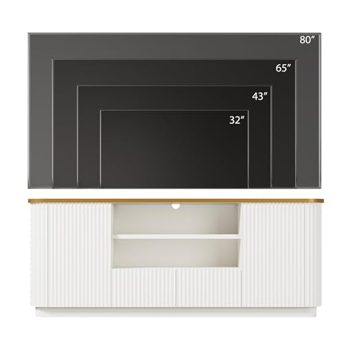 QUW 70" Fluted TV Stand for TVs Up to 80", Modern Entertainment Center with 2 Drawers & Cabinets, TV Console with Curved Profile Design, Luxury Wooden Media Console for Living Room, White - color: White