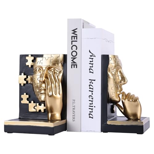 Gold Thinker Bookends,Abstract Face Resin Book Ends with Puzzle Pattern,Modern Decorative Book Stoppers for Shelf,Desk & Office Decor,Heavy Duty Non-Slip,Set of 2 (Set A)