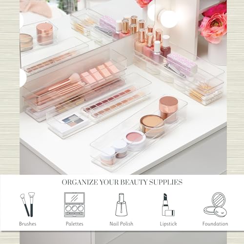 STORi SimpleSort 6-Piece Stackable Clear Drawer Organizer Set | 12" x 3" x 2" Rectangle Trays | Narrow Makeup Vanity Storage Bins and Office Desk Drawer Dividers | Made in USA - size: 12x3x2" (Set of 6)