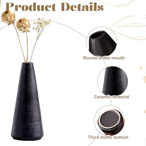 Conical Black Ceramic Bud Vase Handmade Minimalist Floral Vase for Wedding Centerpiece Home Office Desk Decor Modern Tabletop Decoration