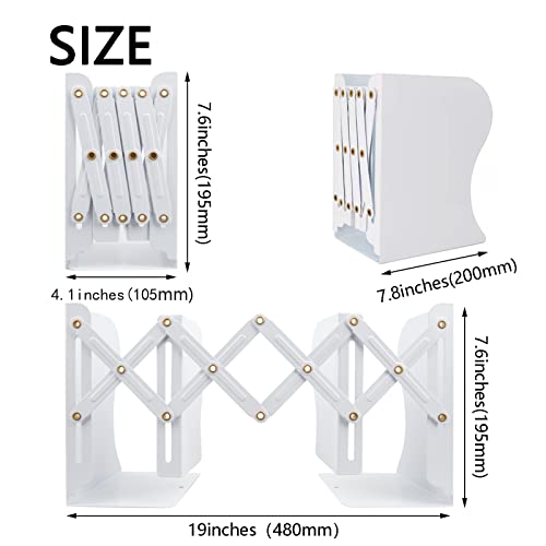 Adjustable Metal Bookends Heavy Duty for Shelves, 2 Dividers, Anti-Slip Design Expandable Book Ends for Desk, Office(White, 19 inches Max) - color: White