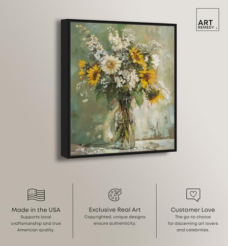 Art Remedy Sunflowers In A Glass Vase Canvas Vintage Farmhouse Wall Art, Black Frame, 24" x 30" - color: Black Frame, size: 31"L x 25"W
