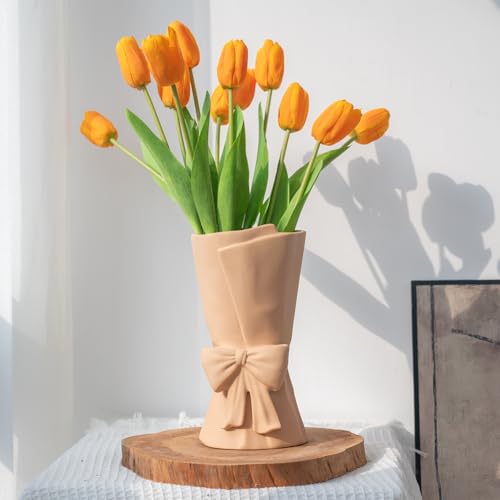 Relexome Beige Ceramic Bow Vase 9.64 in Unique Cute Modern Decorative Bouquet Flower Vases for Home Living Room Table Decor Women Girl Gifts - color: Beige