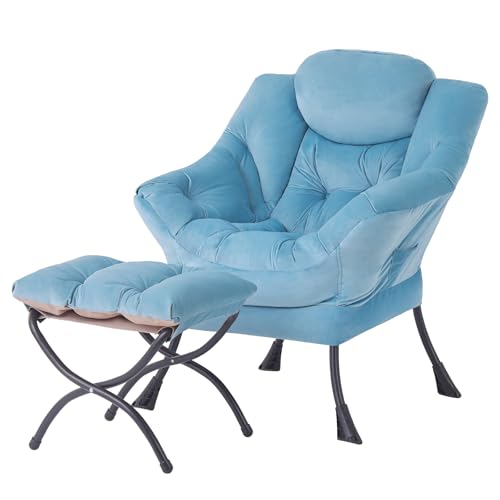 Tiita Lazy Chair with Ottoman, Blue Chiars Modern Large Accent Armchair, Comfy Leisure Sofa Reading Chair with Footrest for Bedroom, Living Room, Dorm Rooms, Garden, Velvet Light Blue - color: Light Blue