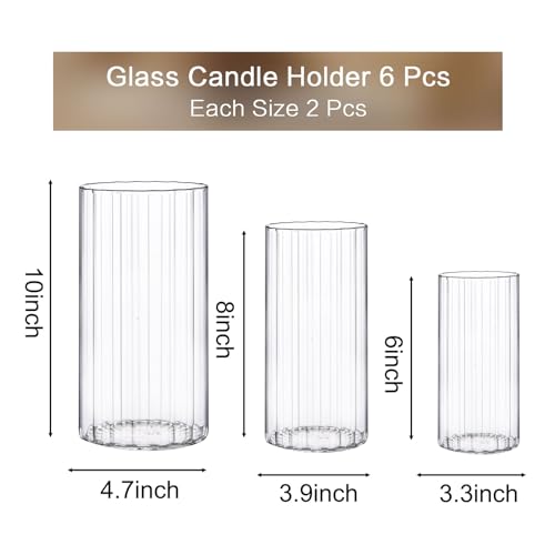 PHOSPHOR 6 PCS Ribbed Glass Candle Holder, Cylinder Candle Holders for Pillar Candles, Clear Glass Hurricane Candle Holders 6'', 8'', 10'' Glass Cylinder Centerpieces Vases - color: Striped Glass 6 Pcs