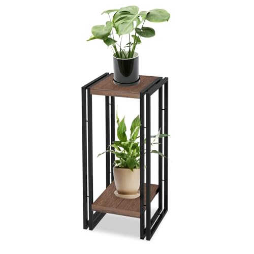 27.5 inch Tall Plant Stand Table, 2 Tier Plant Shelves Indoor Flower Pots Stand Holder Modern Corner Plant Stand Rack Shelves Square Plant Tables for Office Living Room, Balcony, Brown