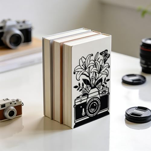WADORN 1 Pair Camera Flowers Decorative Bookends for Shelves, Retro Heavy Duty Metal Book Ends Black Novelty Non-Skid Black Book Stopper for Library Home Office Dorm Reading Room, 5.3x4.3x7.9 Inch - color: Camera Flowers