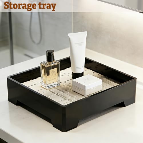 7-Inch Square Decorative Tray, Multi-Purpose Organizer for Keys, Cosmetics, Jewelry, Snacks, Modern Minimalist Style (Black + White mat)