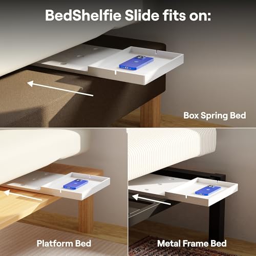 BedShelfie Bedside Shelf for Dorm Room Bunk Bed & Top Bunk, College Dorm Room Essentials, Bedside Caddy, Clip on Floating Desk Tray, Bed Side Table Storage, Loft Nightstand Decor- White Wood Slide - color: White