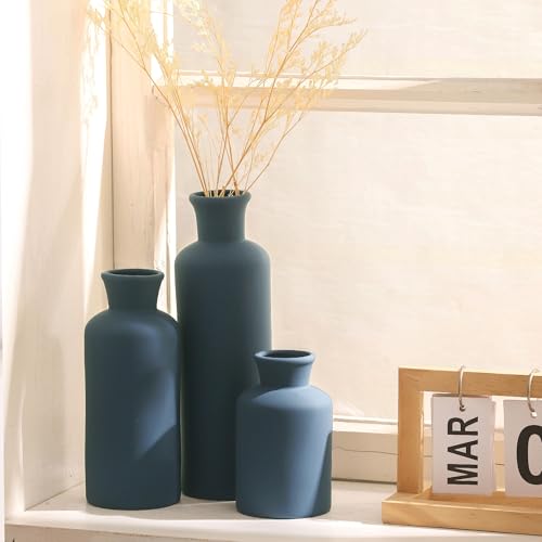 Ceramic Vase Set of 3, Neutral Modern Vases Home Decor Boho Vase Farmhouse Decor Flowers Pampas Vases for Table Mantel Entryway Shelf Living Room Kitchen Bathroom - Navy Blue - color: 007-navy Blue