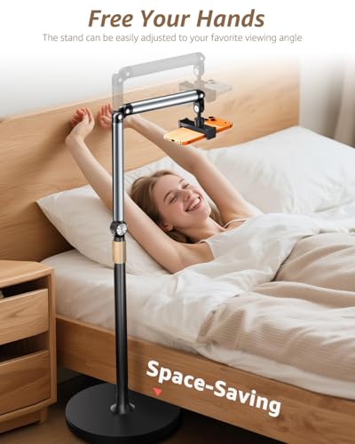 Phone Floor Stand, Cell Phone Stand with Flexible Arm for Bed, 69" Height Adjustable iPhone Stand, Stable Overhead Tripod with 360°Rotatable Phone Holder & Remote for Recording, Sofa, Desk