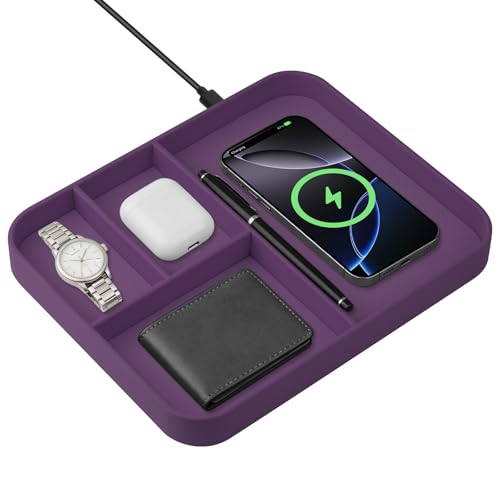 VOVIPO Faux Leather Valet Tray,with 2 in 1 Wireless Charging Compitable With iPhone/17/16/15/15 Plus/15 Pro/15 Pro Max/14/13/12/Wireless earphones,Office/Home Desk Organizers Tray-Purple - color: Purple