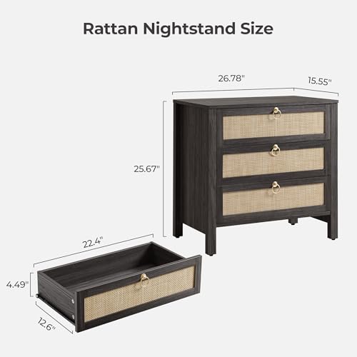 SICOTAS Night Stand with Drawers, Large Rattan Bedside Table with Golden Handle, 3 Drawers Nightstand Tall End Table Side Table Boho Nightstand for Bedroom - color: Obsidian