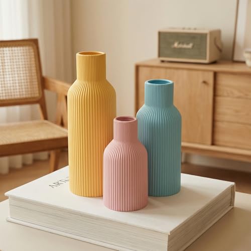 Colorful Ceramic Vases Set of 3 (Pink, Blue, Yellow) - Modern Matte Ribbed Color-Block Vases for Dried Flowers - Scandi Boho Decor Centerpieces for Living Room & Shelf - color: Pink/Blue/Yellow