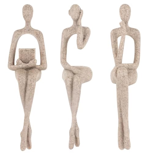 3Pcs Sandstone Resin Thinker Statue Accents Reading Women Sculptures, Abstract Art Ornament,Modern Neutral Home Decoration for Living Room Office Shelf Table Desk Bookshelf Décor