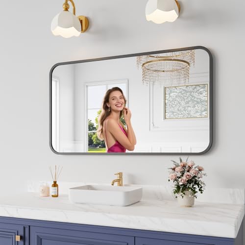 Koonmi Metal Framed Bathroom Mirror, 24"X42" Anti-Rust Bathroom Vanity Mirror, High-Definition Tempered Glass Bathroom Mirrors for Over Sink, Modern Decorative Wall Mirror for Restroom - color: Rounded Edged, size: 42"L x 24"W