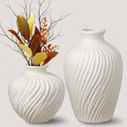 White Ceramic Vase Set of 2 - Modern Flower Vases for Home Decor - Rustic Textured White Vase for Living Room Decor - 8.65×5.5 & 5.5×5.5 Inch Round Vases for Dining Table Centerpiece Decoration