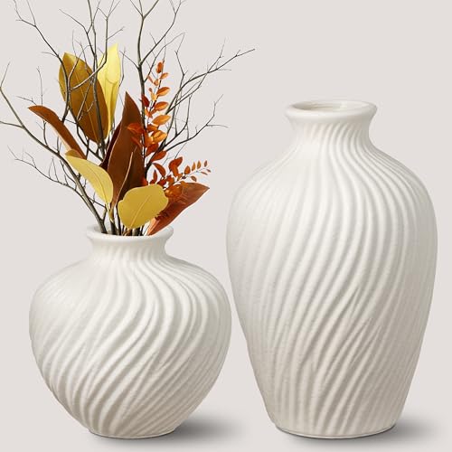 White Ceramic Vase Set of 2 - Modern Flower Vases for Home Decor - Rustic Textured White Vase for Living Room Decor - 8.65×5.5 & 5.5×5.5 Inch Round Vases for Dining Table Centerpiece Decoration