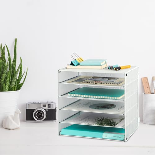 EASEPRES 5 Slot Mesh Desk Organizer Tray, File Paper Letter Folder Holder Desktop Paper Sorter Mail Organization Rack Storage Accessories, for Office Home School Classroom, White - color: 5 Tier White