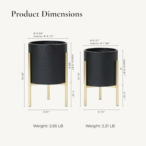 LuxenHome 2-Piece Diamond Pattern Round Metal Cachepot Planter Set, Black Planter with Gold Stands Set of 2 Indoor Plant Pots Large Floor Plant Pot for Plants, NOT Waterproof - color: A Black 9.9"+8.3"