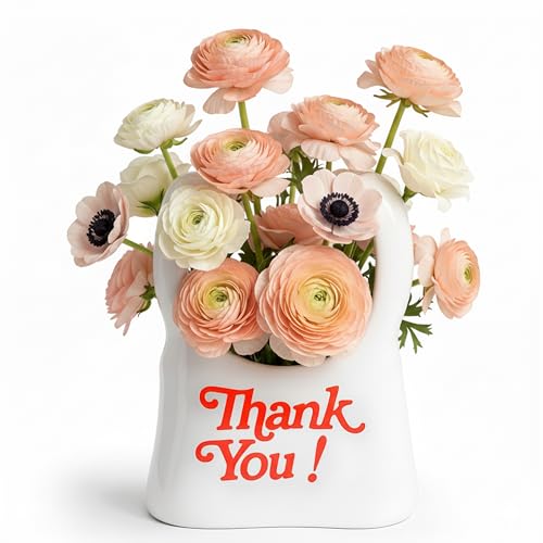 Handmade Ceramic Bag Flower Vase with Red “Thank You” Print | Glossy White Purse Vase for Modern Home Decor, Mantel, Kitchen, Living Room, Table Centerpiece