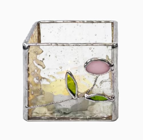 Handmade Windproof Stained Glass Cube Candle Holder - 5-Sided Floral & Leaf Design for Altar, Prayer, Windowsill - Sacred Gift for Christians, Mom, Christmas & Easter (Flower) - color: Flower
